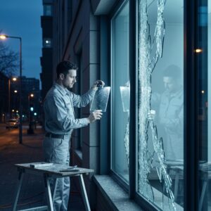 Professional glazier repairing a shattered window at night, illustrating vitrier urgence 24h/24 Lille service.