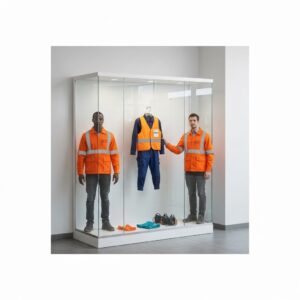 Professional glazier carefully installing large laminated safety glass panel in modern Lille commercial storefront window, wearing work gloves and safety equipment, natural daylight
