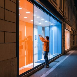 Professional glazier in reflective vest installing emergency window boarding at night on storefront in urban French city street with streetlights