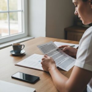 Person reviewing insurance contract documents at kitchen table with smartphone and coffee cup, natural lighting through window