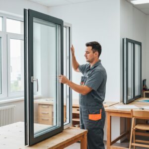 Professional glazier in uniform installing a window pane in modern residential setting, natural lighting, realistic workshop environment with tools visible