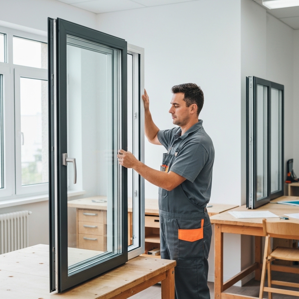 Professional glazier in uniform installing a window pane in modern residential setting, natural lighting, realistic workshop environment with tools visible