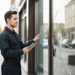 Vitrier professionnel inspectant une vitrine de magasin cassée à Lille pour un dépannage rapide et un devis tarifaire.