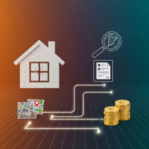 Processus d'indemnisation rapide bris de glace assurance habitation Lille, étapes illustrées par icônes sur fond dégradé.