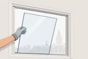 Remplacer vitre simple vitrage Lille coût: illustration d'une main retirant une ancienne vitre, tarifs 2026.
