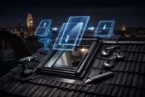 Remplacement innovant de double vitrage Velux à Lille en 2026. Scène futuriste avec néons et schémas du processus.