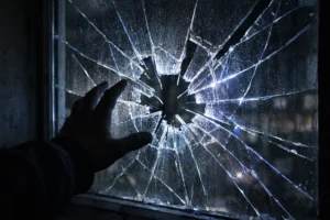 Que faire en cas de vitre cassée nuit? Image futuriste néon d'une fenêtre brisée et une main sombre.