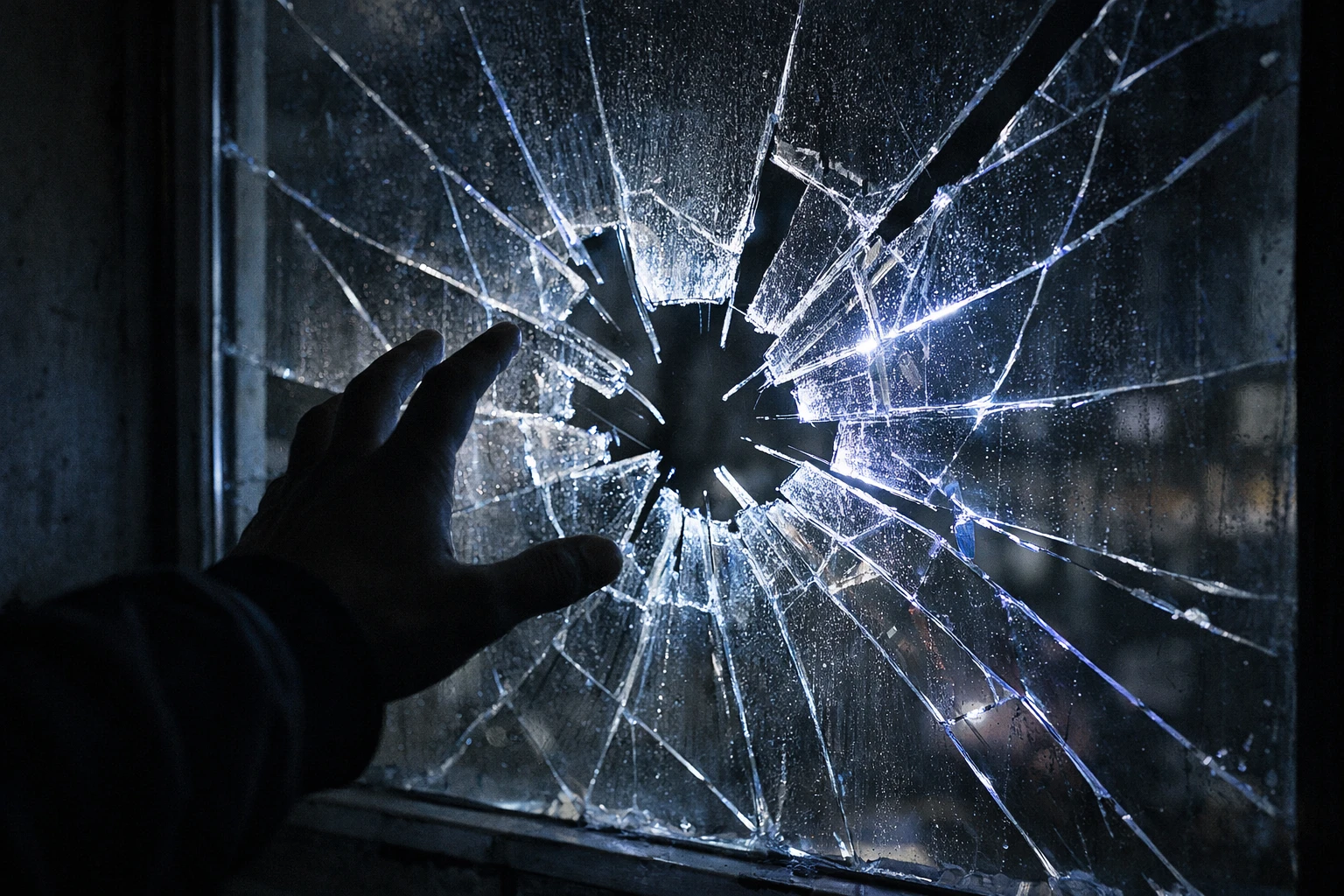 Que faire en cas de vitre cassée nuit? Image futuriste néon d'une fenêtre brisée et une main sombre.