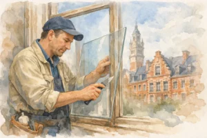 Artisan vitrier agréé assurance Lille, remplaçant une vitre. Service professionnel et fiable.