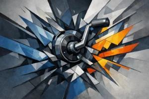Réparation manivelle volet roulant Lille. Image abstraite et dynamique de manivelle cassée avec formes géométriques.