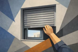 Problème volet roulant qui ne monte plus: illustration géométrique abstraite d'un volet bloqué avec une main essayant de le l