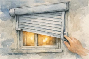 Main réparant un volet roulant Somfy défectueux à Lille. Service de dépannage urgent 24/7. Aquarelle douce et fluide.