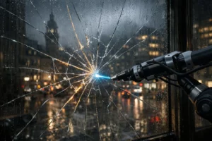 Dépannage vitre urgent Lille: robot futuriste répare fenêtre cassée avec néon. Solutions rapides à prix abordables.