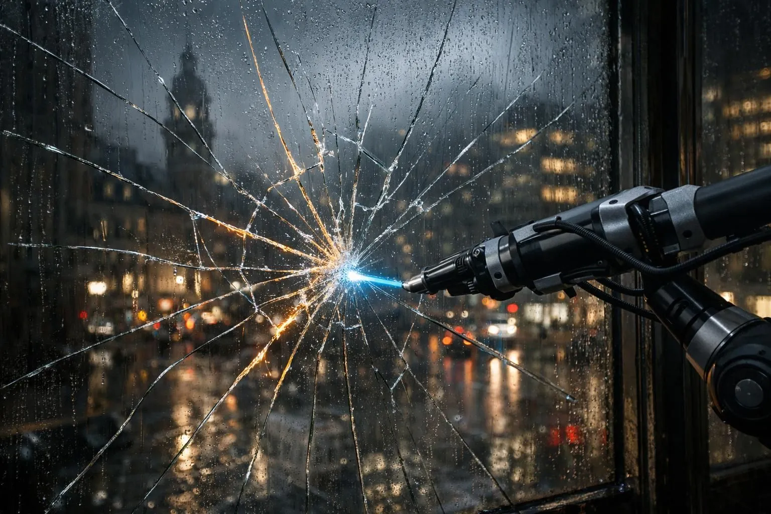 Dépannage vitre urgent Lille: robot futuriste répare fenêtre cassée avec néon. Solutions rapides à prix abordables.