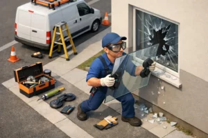 Dépannage vitrerie urgence entreprise Lille: un vitrier remplace une vitre cassée avec rapidité et expertise.