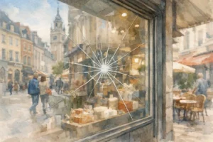 Vitre cassée commerce Lille urgence: illustration aquarelle d'une vitrine fissurée en ville.
