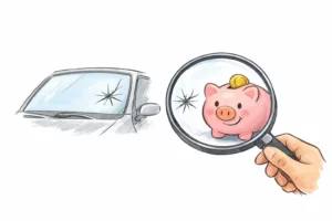 Dessin franchise assurance bris de glace explication 2026: pare-brise fissuré, tirelire et loupe.