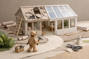 Réparation verrières et vérandas Lille: guide étape par étape. Scène paper craft montrant un personnage avec outils devant un