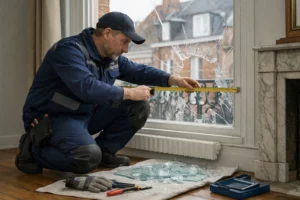 Artisan vitrier professionnel en tenue de travail mesurant avec précision une fenêtre cassée dans un appartement lillois typique avec murs en briques rouges, outils de mesure et fragments de verre sécurisés au sol, ambiance professionnelle et rassurante avec lumière naturelle