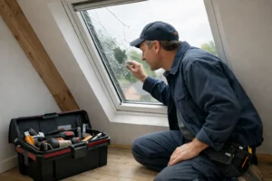 Artisan vitrier professionnel en tenue de travail inspectant de près une fenêtre de toit Velux avec condensation visible entre les vitres, caisse à outils ouverte au sol, lumière naturelle douce traversant le vitrage endommagé, environnement résidentiel sous combles