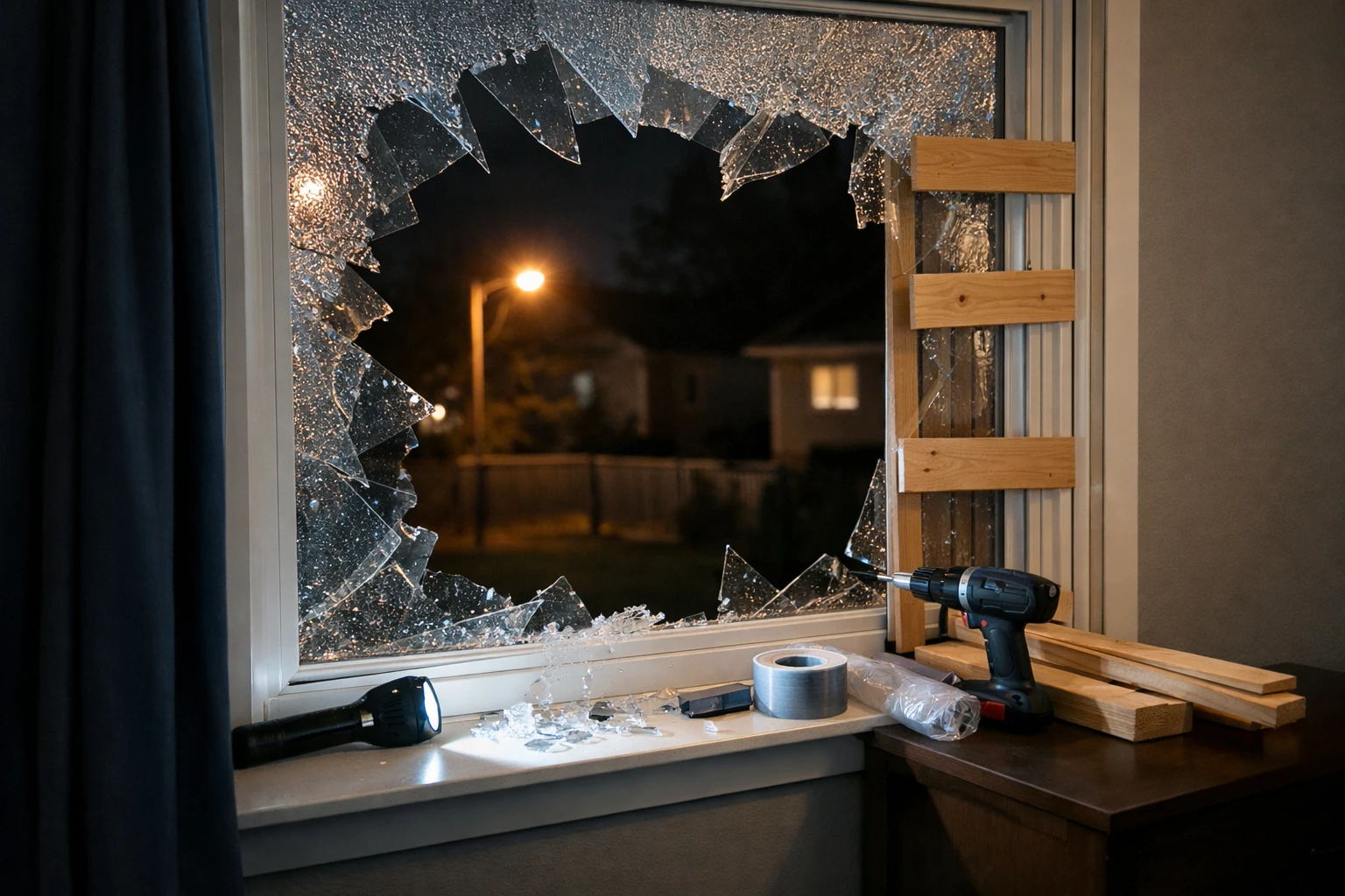 Broken residential window at night with shattered glass reflecting streetlight, showing dark interior vulnerable to exterior darkness, emergency repair scenario for home security