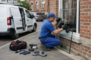 Artisan vitrier professionnel en uniforme de travail bleu portant des gants de sécurité, installant soigneusement une grande vitre de remplacement dans l'encadrement d'une fenêtre d'une maison résidentielle lilloise, avec sa camionnette de service visible en arrière-plan et ses outils spécialisés posés sur une bâche de protection au sol