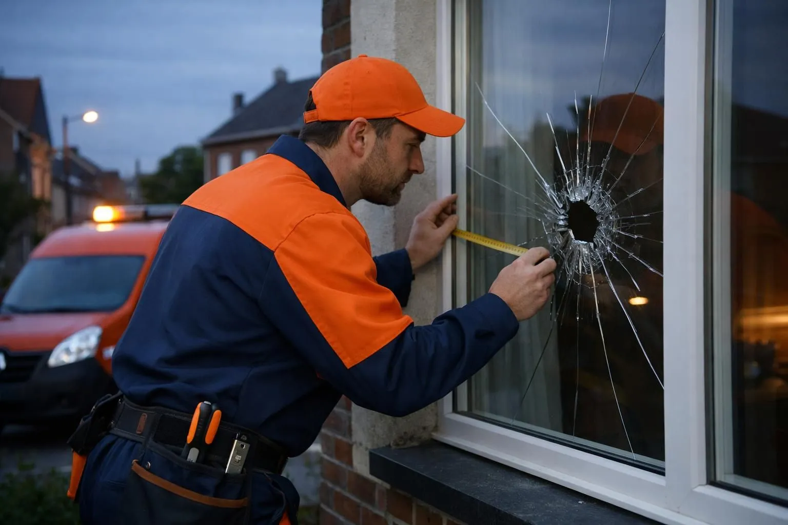 Professional glazier in work clothes examining shattered residential window at dusk, measuring tape and tools visible, suburban Tourcoing neighborhood background, emergency repair service atmosphere