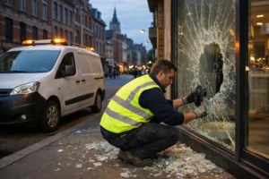 Professional glazier in reflective vest repairing shattered storefront window at dusk in Lille, emergency van parked nearby with orange safety lights, broken glass scattered on pavement, urban street setting with brick buildings