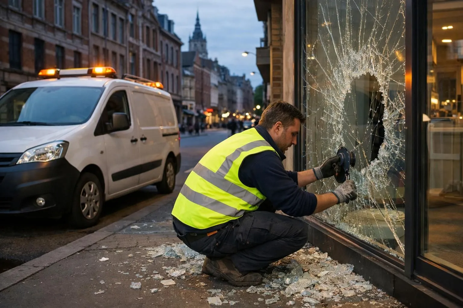 Professional glazier in reflective vest repairing shattered storefront window at dusk in Lille, emergency van parked nearby with orange safety lights, broken glass scattered on pavement, urban street setting with brick buildings