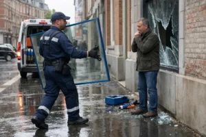Broken storefront window with visible shattered glass on urban sidewalk in Lille, emergency response vehicle arriving, professional glazier in safety vest carrying tools and glass panel, concerned shop owner standing nearby, rainy weather with evening light reflecting on wet pavement, realistic emergency repair scene