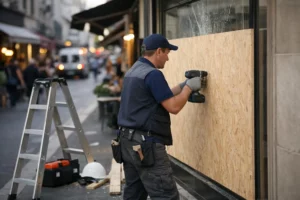 Shattered commercial storefront window with broken glass scattered on sidewalk, emergency boarding being installed by technician at night in urban shopping district, showing security vulnerability and urgent repair situation