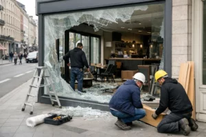 Broken storefront window with shattered glass on sidewalk in urban Lille street, showing security vulnerability and immediate danger for commercial business, realistic daytime photography with visible shop interior exposed