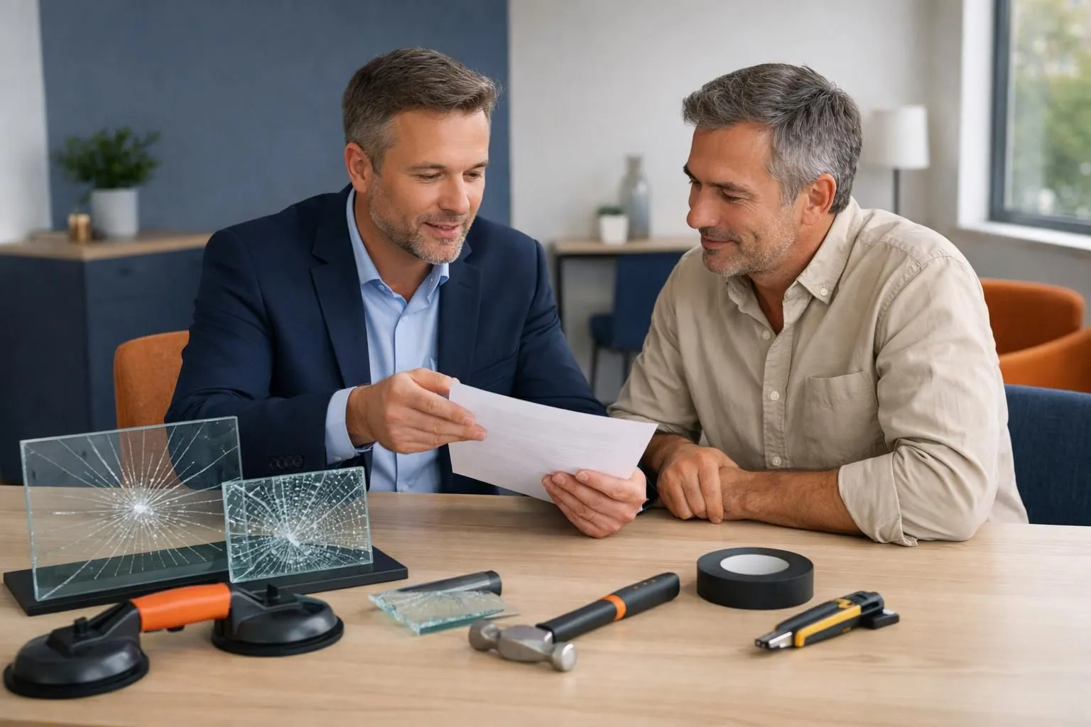 Insurance expert in professional attire presenting contract documents to a business owner across a modern office desk, with broken glass samples and repair tools visible on the table, natural daylight through window, realistic professional photography style