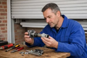 Technicien professionnel en bleu de travail diagnostiquant un mécanisme de volet roulant manuel démonté dans une maison à Roubaix, outils posés sur un établi, lames du volet visibles en arrière-plan