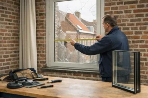 Professional glazier measuring broken window frame in traditional Lille brick house, tools and new double glazing panel visible on workbench
