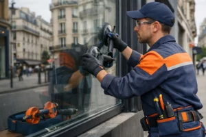 Close-up view of a professional glazier installing reinforced security glass on a modern retail storefront in an urban French setting, with specialized installation tools visible and safety equipment, realistic documentary photography style showing the technical precision of commercial glass installation