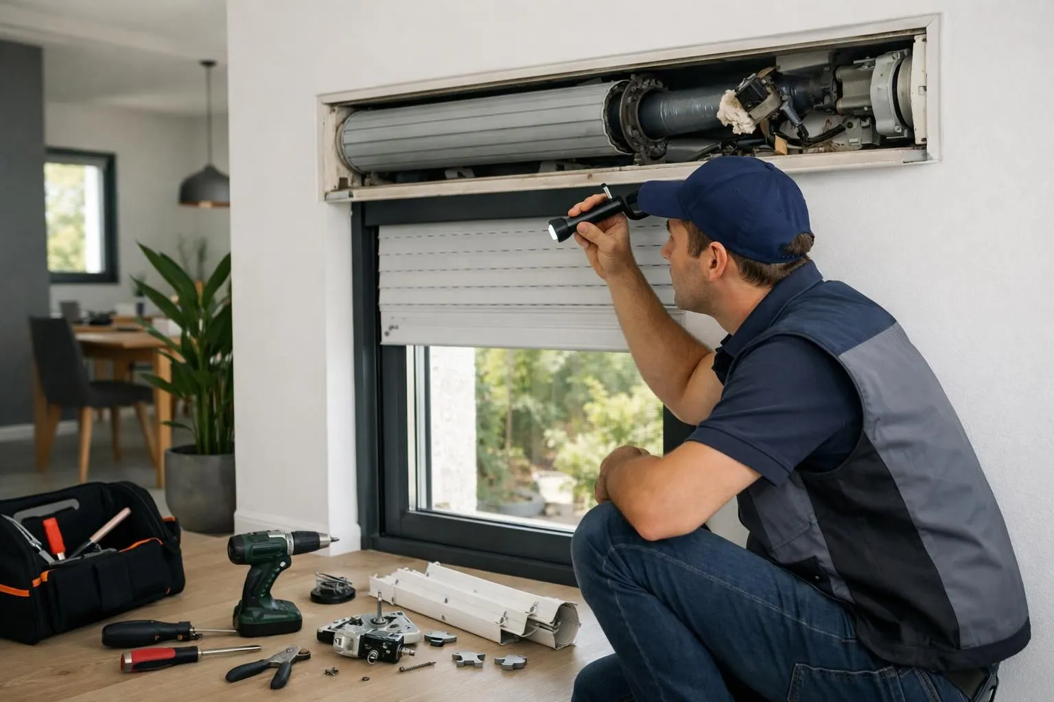 Technicien professionnel examinant de près un mécanisme de volet roulant défectueux ouvert sur un mur, avec des pièces visibles et des outils de réparation posés à côté, dans un intérieur résidentiel français moderne avec lumière naturelle