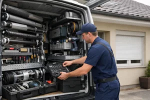 Technicien professionnel en uniforme sortant des outils spécialisés d'un camion d'intervention ADR garé devant une maison résidentielle typique de Lille, avec équipement de réparation de volets roulants visible dans le véhicule de service bien organisé