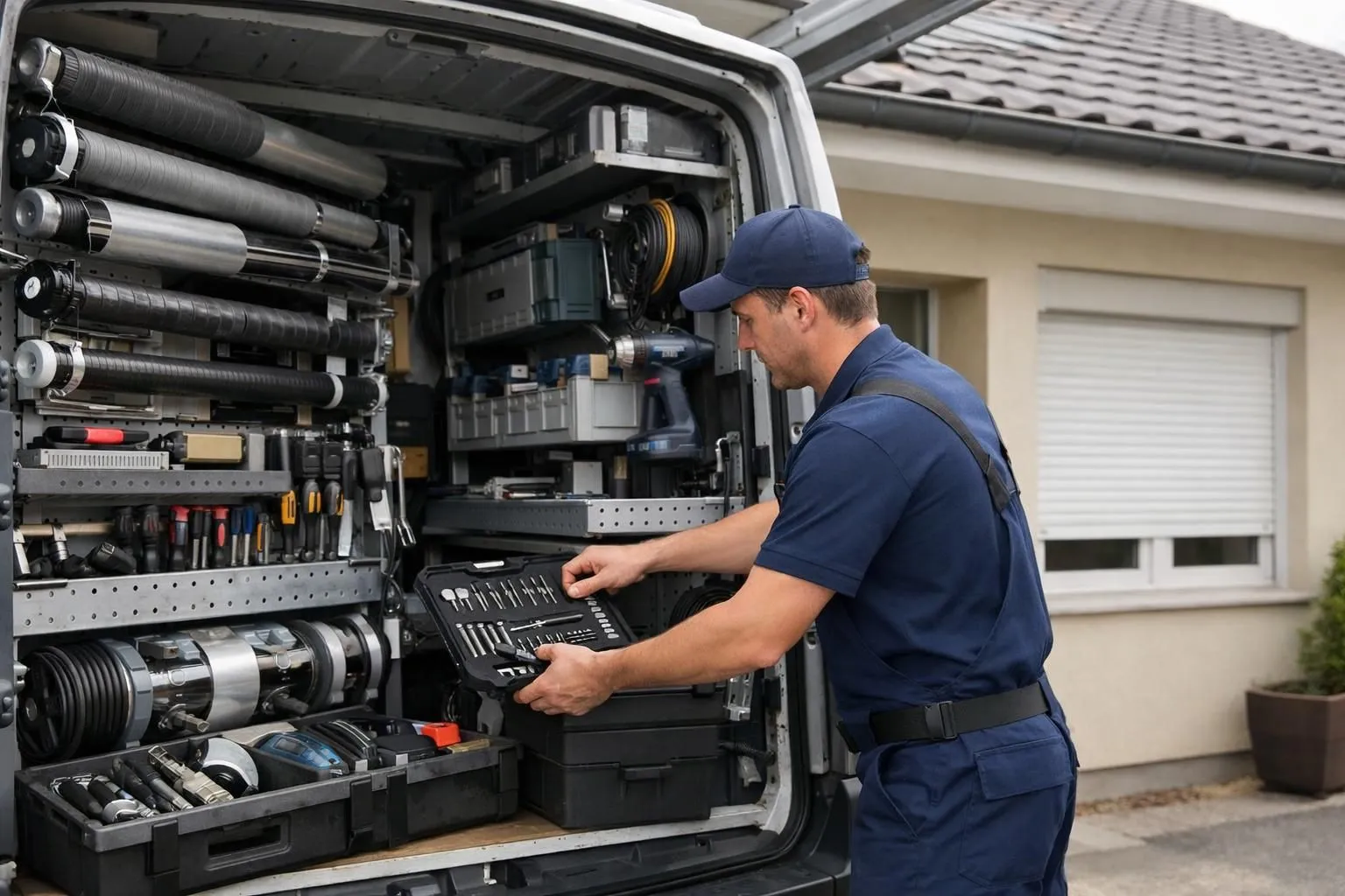 Technicien professionnel en uniforme sortant des outils spécialisés d'un camion d'intervention ADR garé devant une maison résidentielle typique de Lille, avec équipement de réparation de volets roulants visible dans le véhicule de service bien organisé