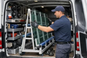 Professional glazier technician loading equipment and glass panels into a branded emergency response van parked in a Lille residential street, tools organized in compartments, ready for urgent glass repair intervention