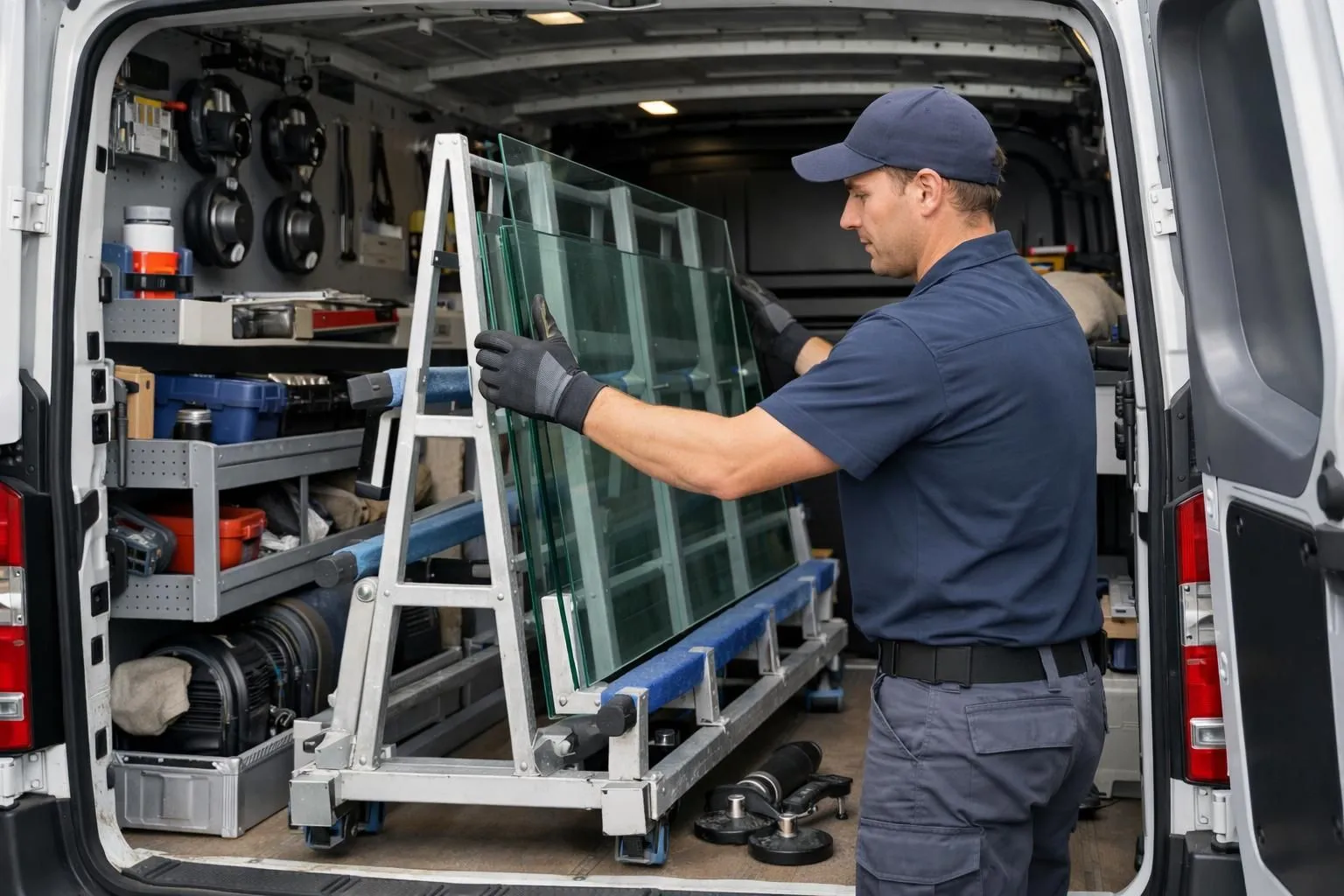 Professional glazier technician loading equipment and glass panels into a branded emergency response van parked in a Lille residential street, tools organized in compartments, ready for urgent glass repair intervention