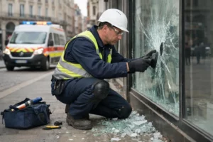 Professional glazier in safety gear repairing large broken commercial storefront window in Lille city center, with emergency vehicle visible in background and shattered glass on ground