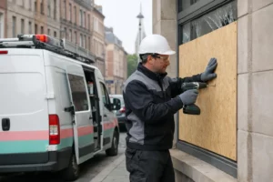 Professional glazier in protective gear securing broken commercial storefront window with temporary boarding materials, emergency van visible in background, urban Lille street setting, realistic daytime scene