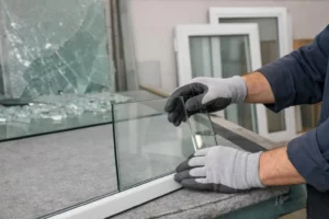 Professional glazier working on emergency window repair in Roubaix, showing hands installing new glass panel with safety gloves and professional tools, workshop with broken glass fragments and replacement windows visible
