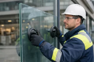 Professional glazier installing reinforced security glass panel on a modern storefront in urban French setting, showing laminated safety glass with visible protective layers, worker wearing safety equipment, natural daylight, realistic commercial building facade
