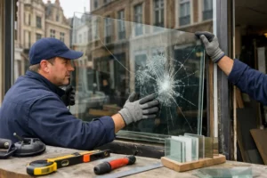 Professional glazier repairing a broken window on a commercial storefront in Lille's historic district, with measuring tools and glass samples visible, hands wearing work gloves handling a large glass pane carefully during installation work, realistic workshop atmosphere