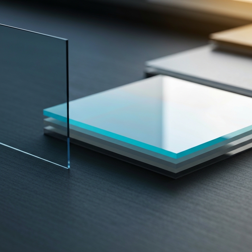 Close-up comparison of three different commercial storefront glass types side by side showing thickness and structural differences, with visible cross-sections revealing laminated layers and tempered glass characteristics in professional lighting