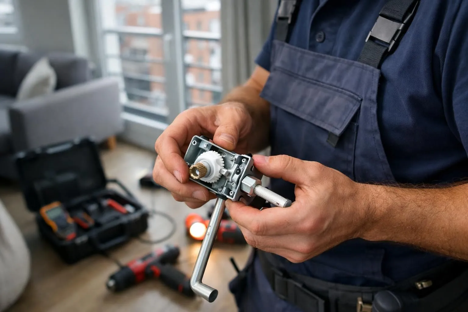 Professional technician in work uniform examining a roller shutter crank mechanism in a modern Lille apartment, holding diagnostic tools, focused on the manual operating system of a white roller shutter, realistic lighting, professional emergency repair service scene