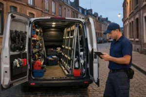 Emergency glazier service van with equipment visible through open rear doors parked on a typical Lille cobblestone street at twilight, professional technician in work uniform checking GPS tablet near vehicle, authentic French urban residential building facades in background with traditional brick architecture