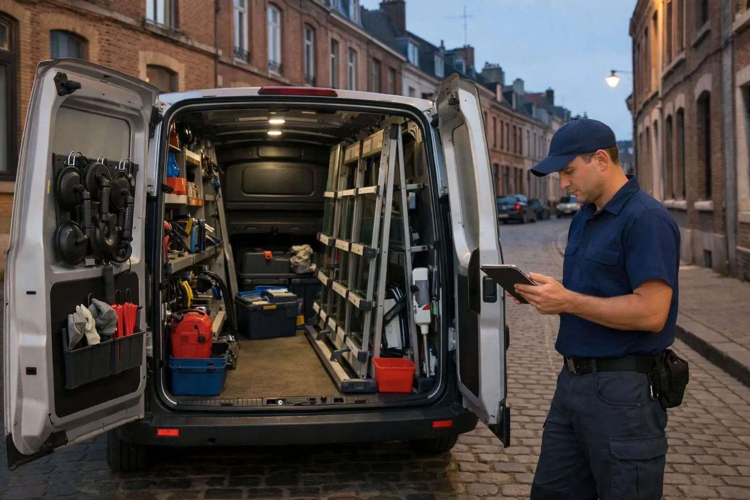 Emergency glazier service van with equipment visible through open rear doors parked on a typical Lille cobblestone street at twilight, professional technician in work uniform checking GPS tablet near vehicle, authentic French urban residential building facades in background with traditional brick architecture